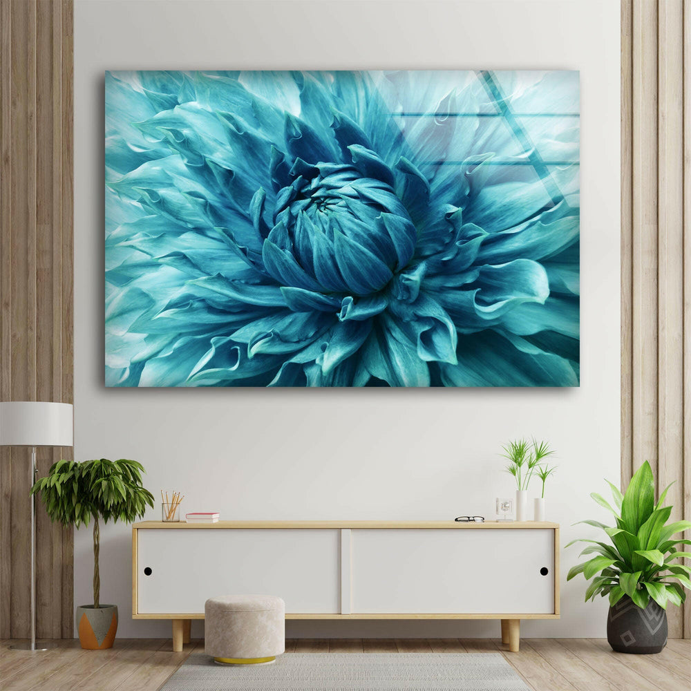 Dahlia Turquoise Flower Glass Wall Art, glass wall decor, glass wall art decor