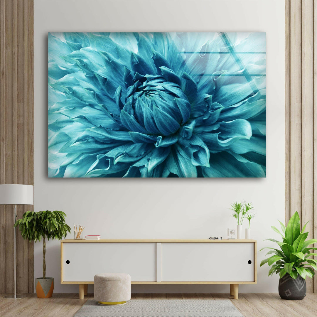 Dahlia Turquoise Flower Glass Wall Art, glass wall decor, glass wall art decor