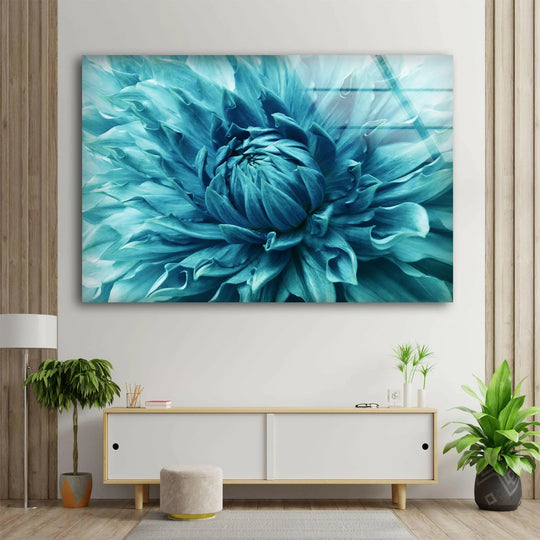 Teal dahlia flower glass wall art prints with rich, dominant turquoise hues and intricate petal details.