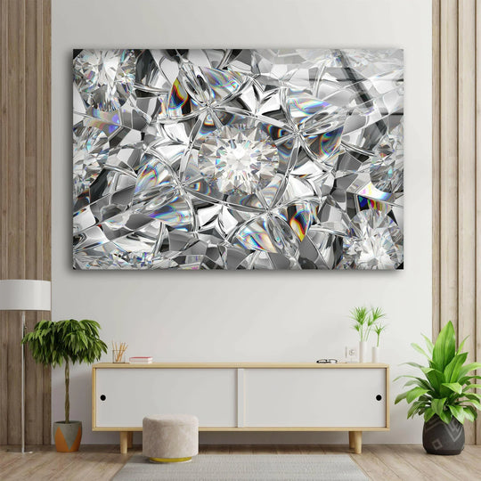 A luxurious, layered Brilliant Diamond cool glass wall art decor showcasing prismatic light refractions.