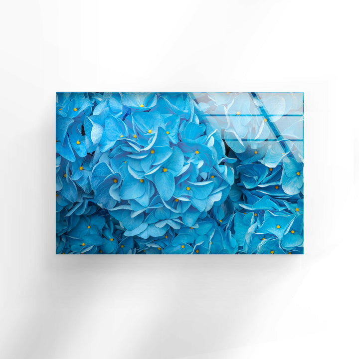 Blue Hydrangeas Glass Wall Art, glass art painting, glass art for the Wall