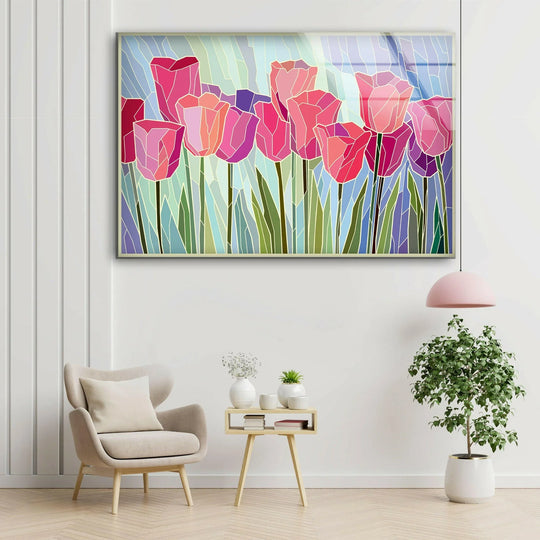 A stained glass wall art piece showcases vibrant pink tulips against a bright, light blue sky with subtle white line details, perfect for home decoration.