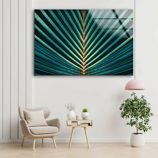 Rectangular green palm leaf glass wall art with a V-shaped orientation, serving as elegant home decoration.