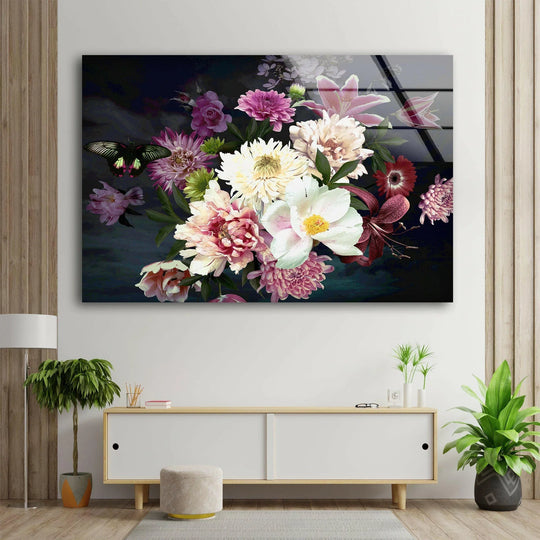 A butterfly rests on a deep, cool-toned floral bouquet, creating a moody, atmospheric tempered glass wall art.
