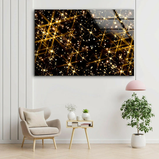 Space wall art golden lights photo print on glass with stars and a black background and golden accent lights perfect for home decor