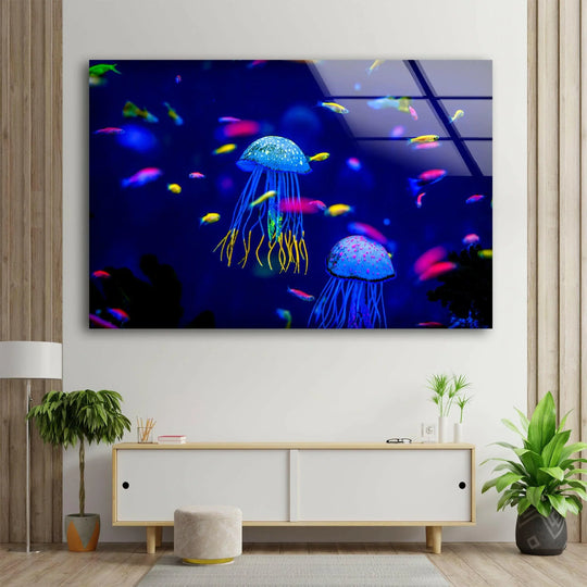 Ocean jellyfish glass wall art features marine animal life and colorful fish a calming underwater art for home decor and adds animal art to the living room on a wall