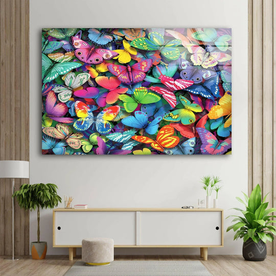 A vibrant collection of colorful butterflies rests in peaceful stillness, a striking piece of home decor.