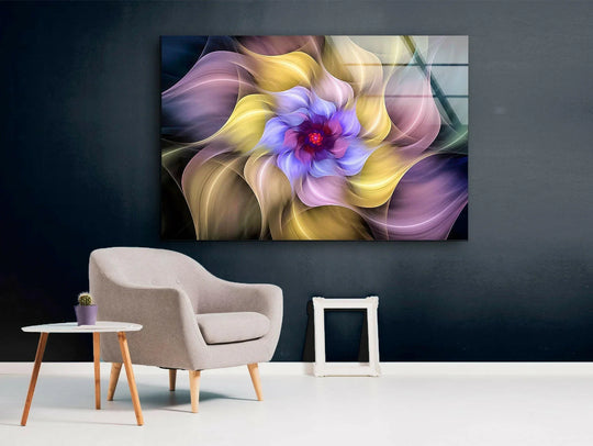 Vibrant abstract flower glass wall art with a glossy finish, showcasing exceptional home decoration quality.