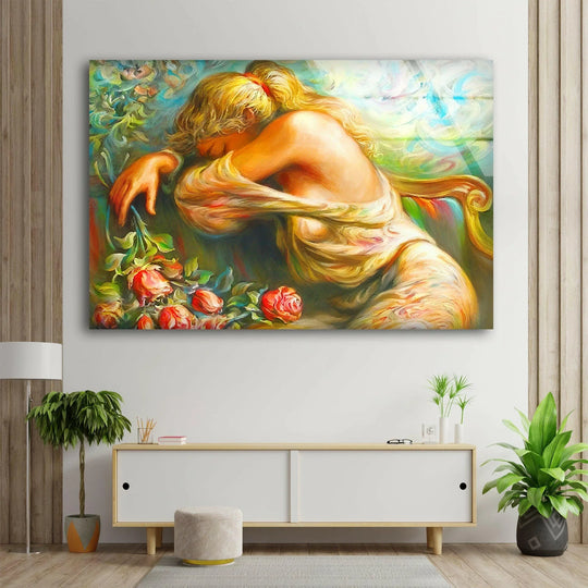 Abstract impressionistic oil painting art piece of a woman with flowing blonde hair embracing roses with vibrant colors.