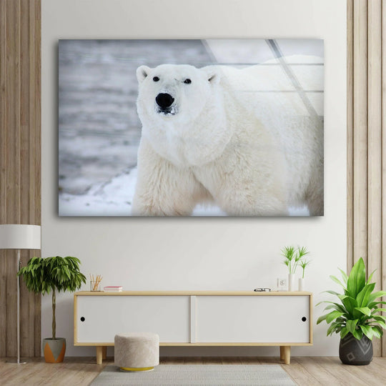 The glass art painting showcases the powerful, organic forms of a polar bear amidst a soft, snowy landscape.