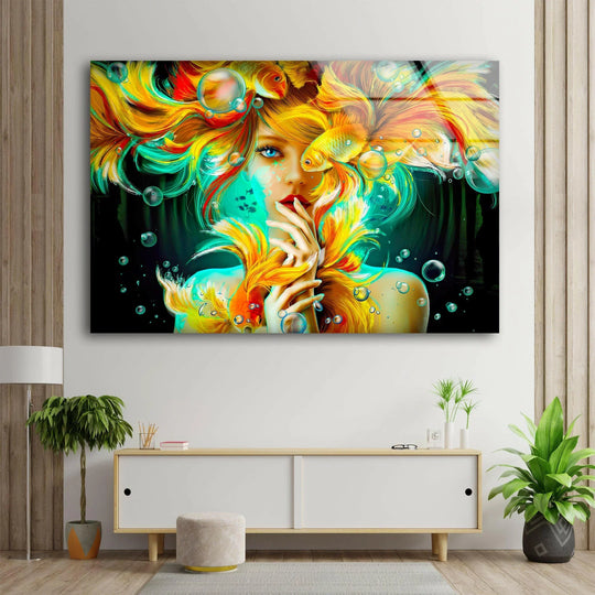 Fantasy girl with vibrant flowing hair and goldfish swimming in bubbles, captured in a stunning glass printing.