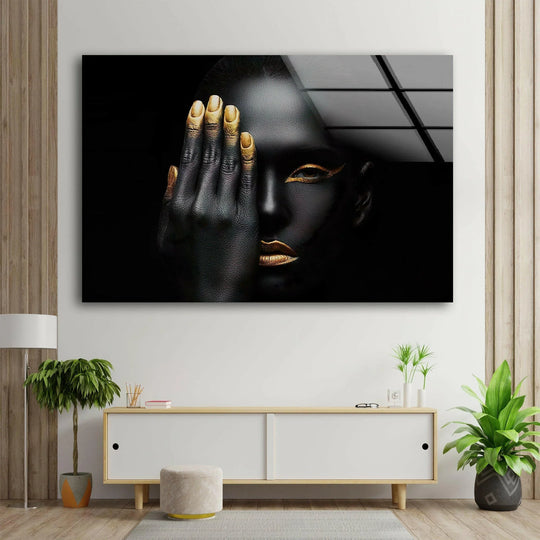Cool art glass wall art woman with gold hands motif and gold accents decor plus bold woman wall art in a stylish accent decor