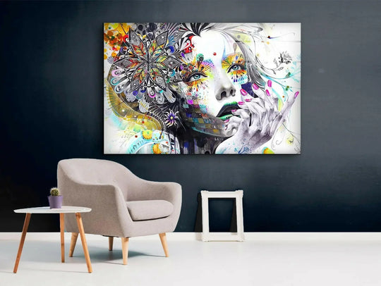 Abstract woman with colorful mandala face is a stunning glass wall art for home decoration.