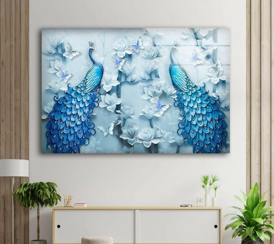 Blue Feather Peacock glass wall art displays vivid peacocks and butterflies and floral artWildlife art provides elegant wall decor with vibrant hues on tempered glass