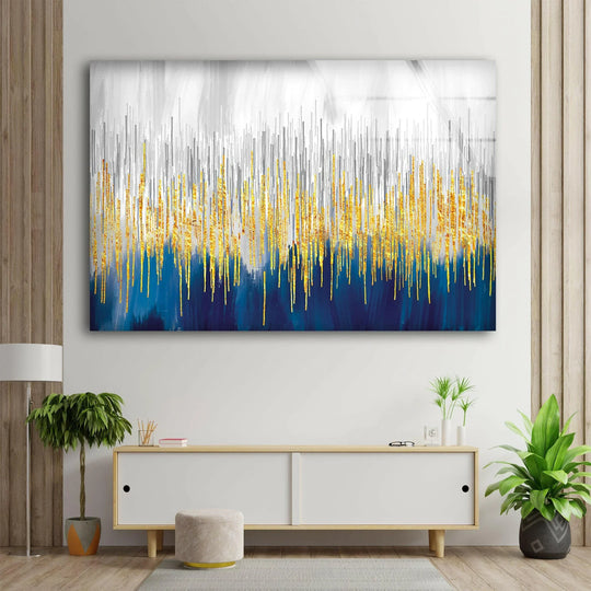 Serene modern abstract hanging wall art evokes a calm, luxurious mood with its shimmering gold and deep blue hues.