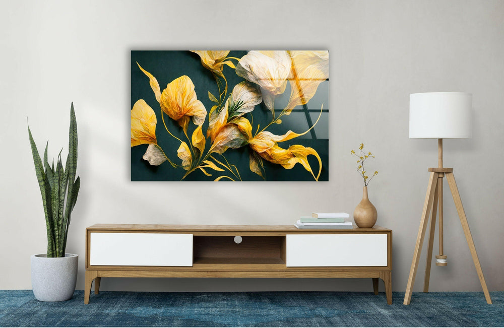 Golden Buds And Green Leaves Glass Wall Art, picture on glass wall art, photos printed on glass