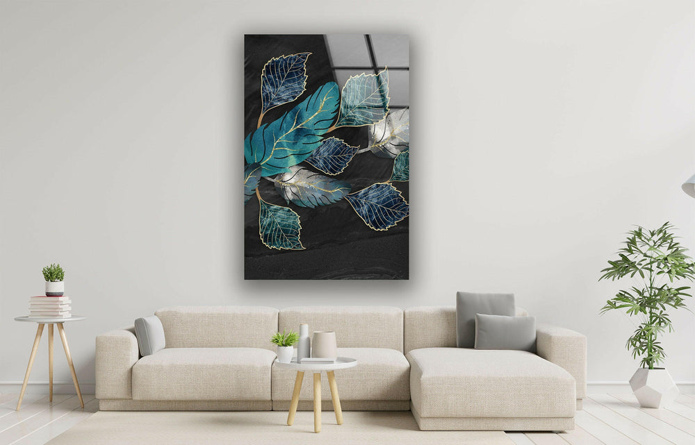 Blue-Turquoise And Golden Lines Leaves Glass Wall Art, glass wall decor, glass wall art decor