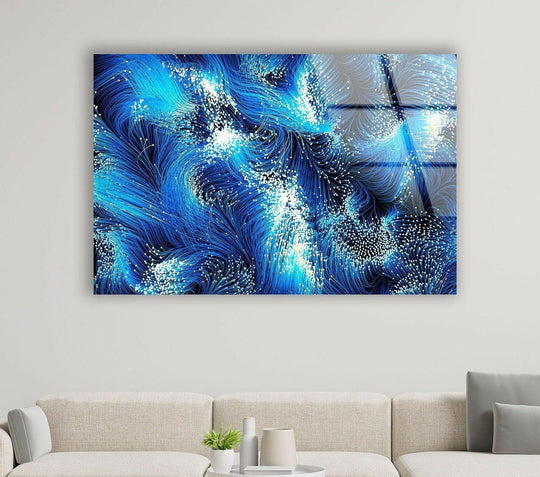 Abstract glass wall art with swirling sapphire fibers and the softest white particle accents.