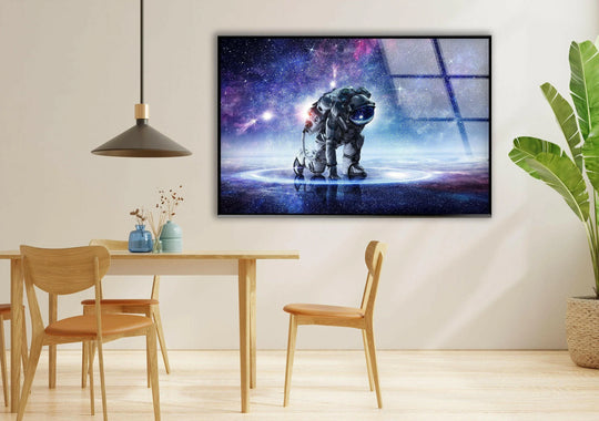 Space Wall Art glossy glass wall art with astronaut motif and explorer theme decorates with cosmic wall art picture on glass and stars