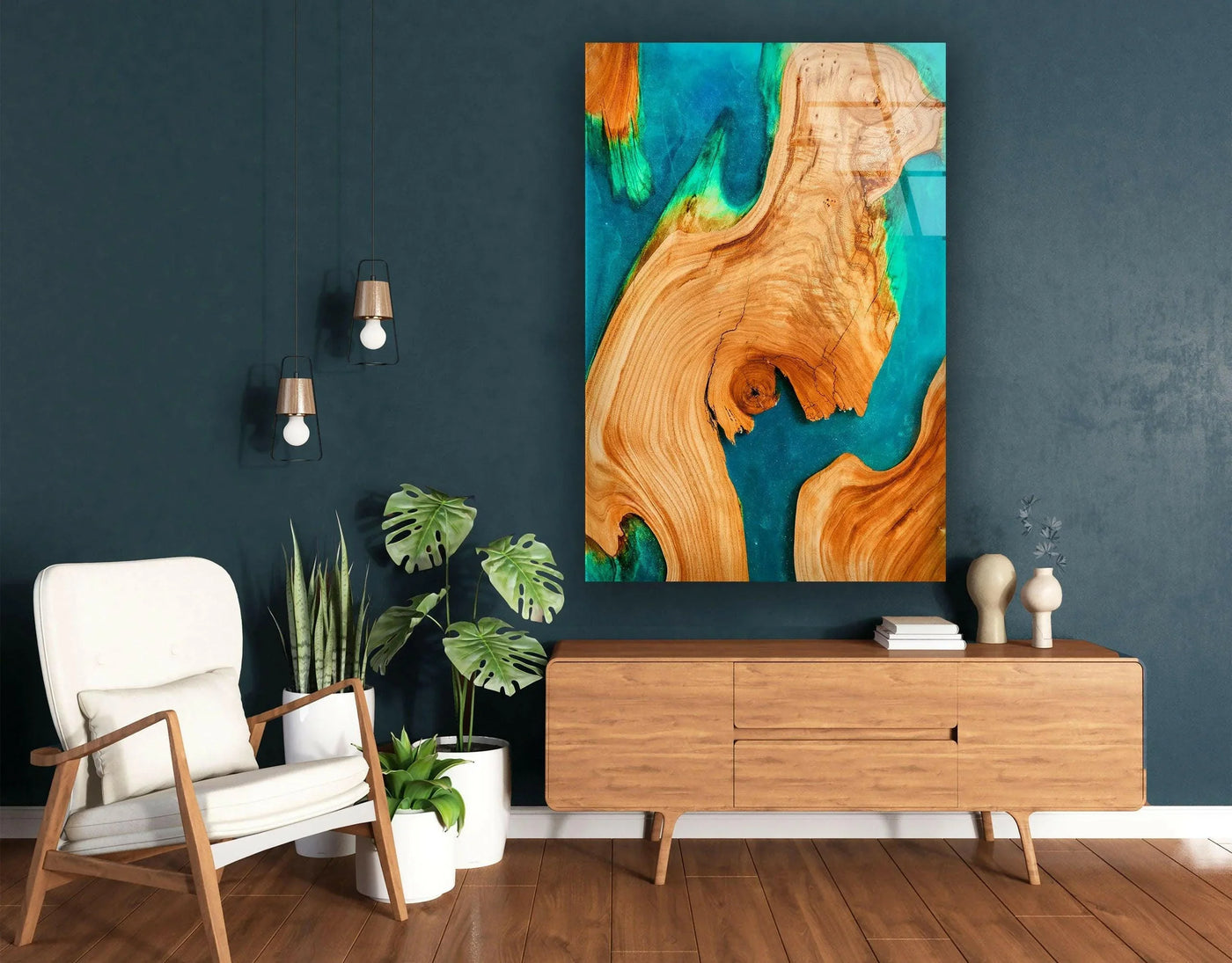 A striking abstract glass wall art piece captures attention with its vibrant turquoise resin and natural wood grain, showcasing the best glass art.