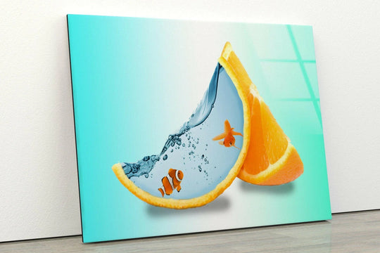 Animal glass wall art features fish at orange aquarium water detail and aquatic elegance theme plus stunning bright wall decor