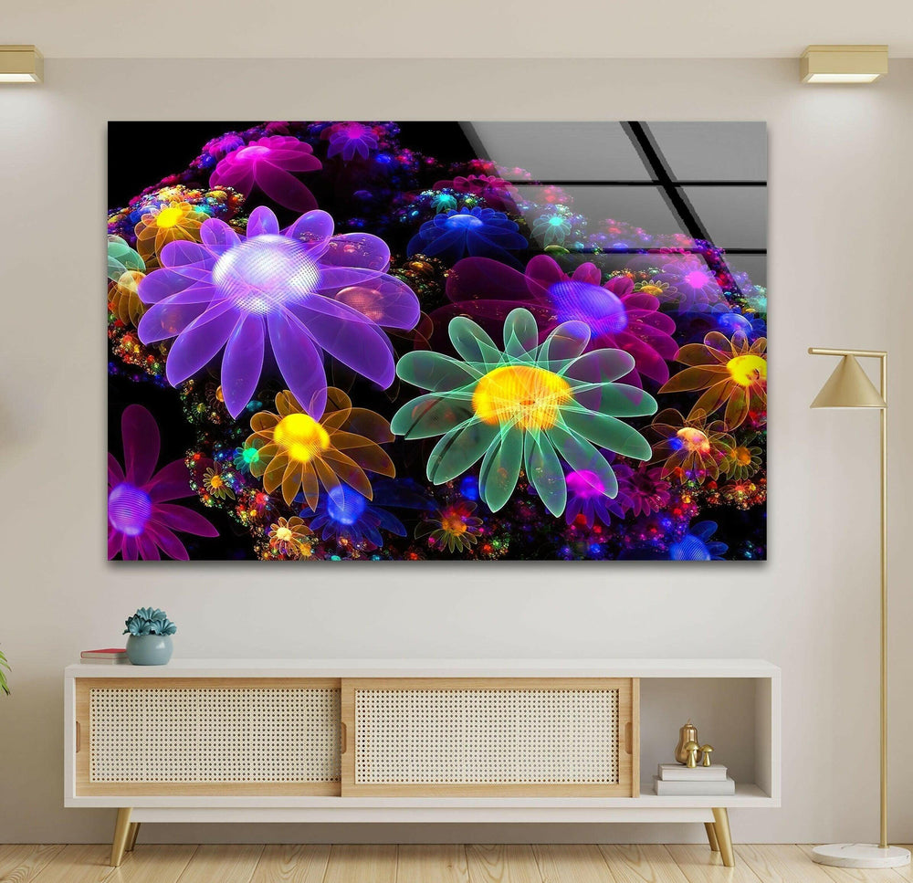 Neon Flowers Glass Wall Art, glass wall decor, glass wall art decor