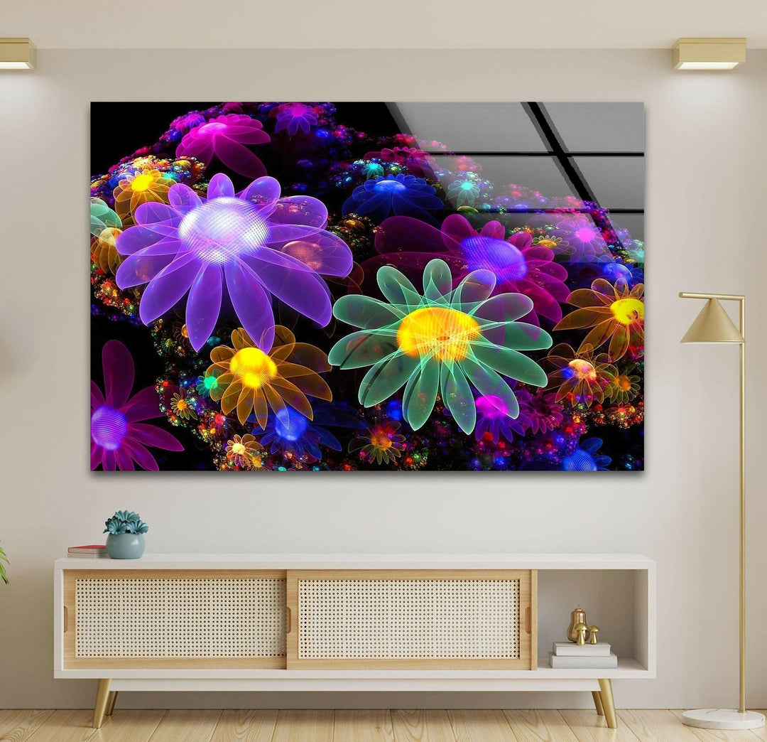 Neon Flowers Glass Wall Art, glass wall decor, glass wall art decor