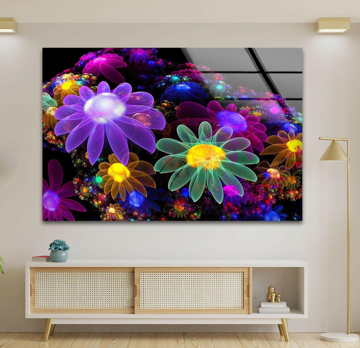 Neon Flowers Glass Wall Art, glass wall decor, glass wall art decor