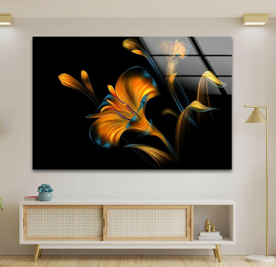 Neon lily illustration glass wall art with striking layering effects creating depth and motion.