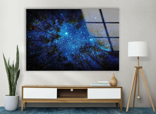 Space Wall Art featuring a dark blue starry night scene is a glass wall art decor element ideal for space wall art and modern glass photo prints