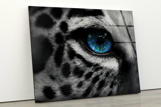 Close-up of a leopard's striking sapphire blue eye on this detailed print wall art.