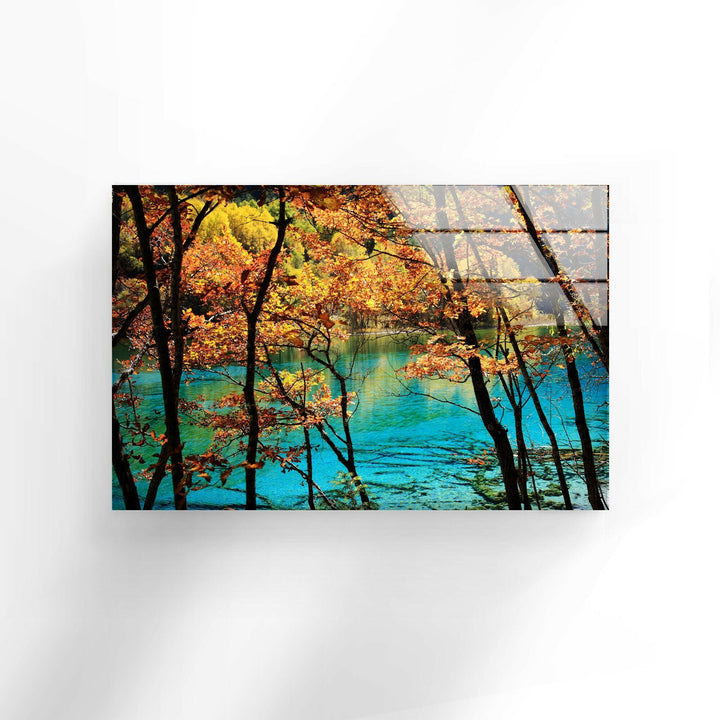 Golden Autumn Leaves by the Lake – A High-Definition Glass Wall Art Print
