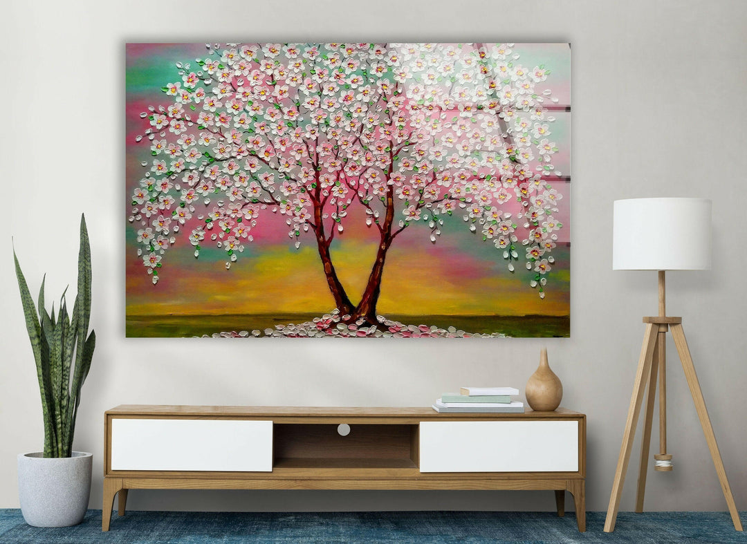 Cherry Blossom Tree Glass Wall Art, glass art painting, glass art for the Wall