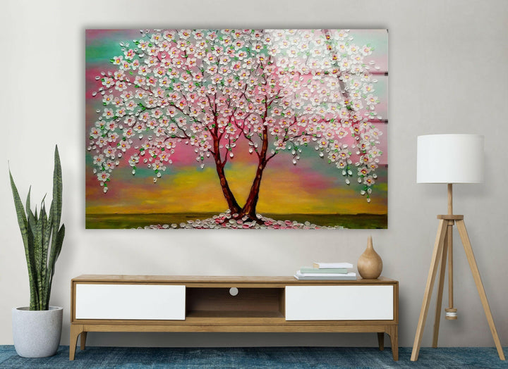 Cherry Blossom Tree Glass Wall Art, glass art painting, glass art for the Wall