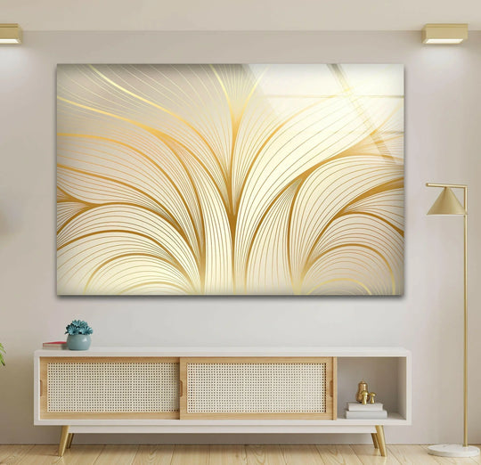 Golden waves on a pearlescent background create a stunning transition in this unique modern wall decor.