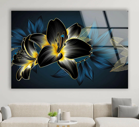 Dark abstract floral home decoration art features bold yellow and black flowers with subtle blue shadows.