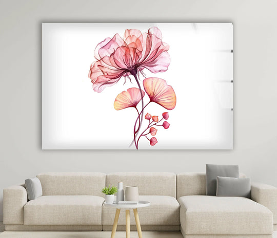 Transparent watercolor pink floral decorative wall art on glass.