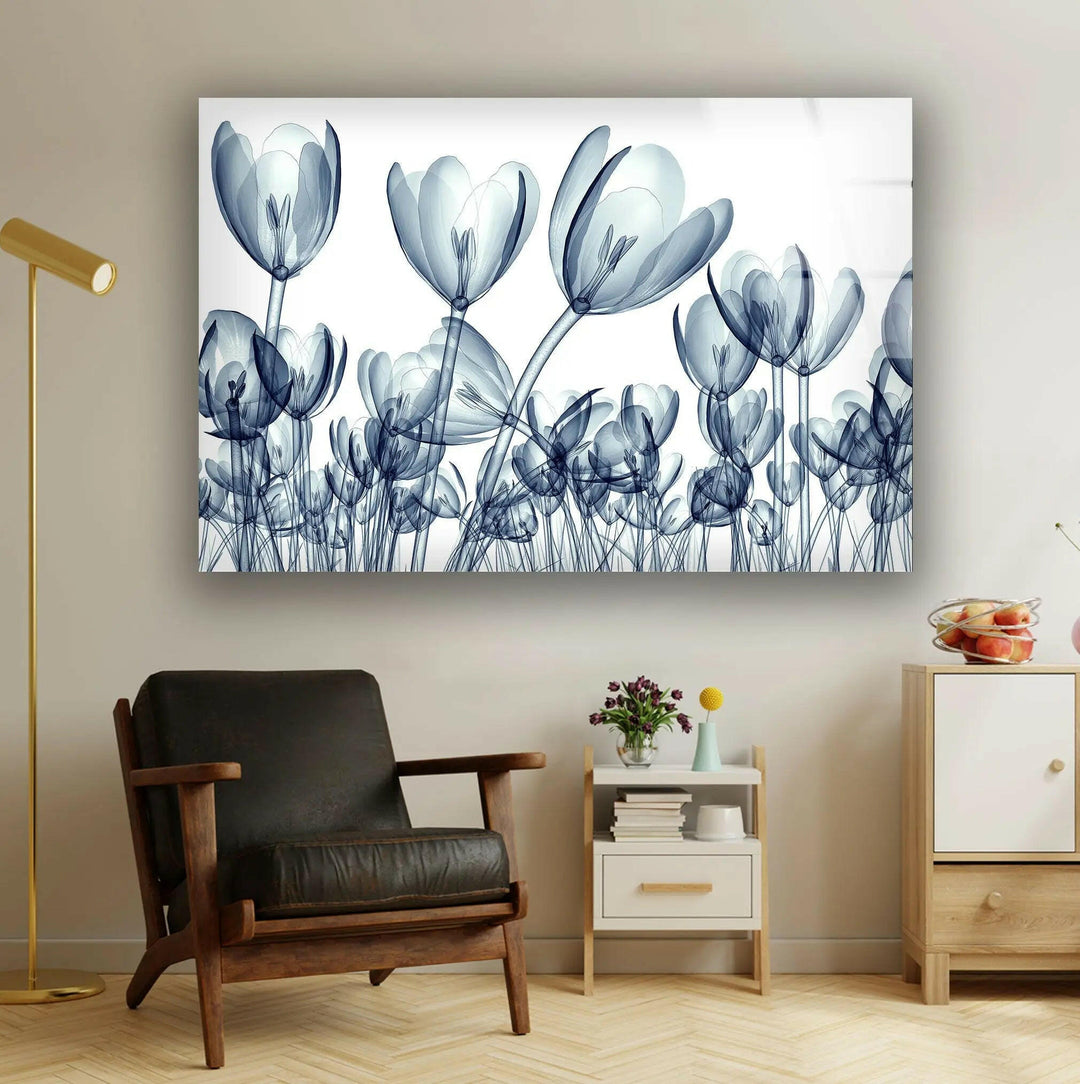 Xray Blue Tulip Flowers Glass Wall Art, stained glass wall art, stained glass wall decor