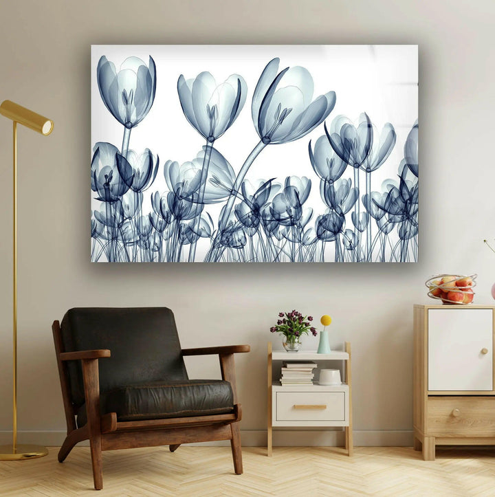 Xray Blue Tulip Flowers Glass Wall Art, stained glass wall art, stained glass wall decor