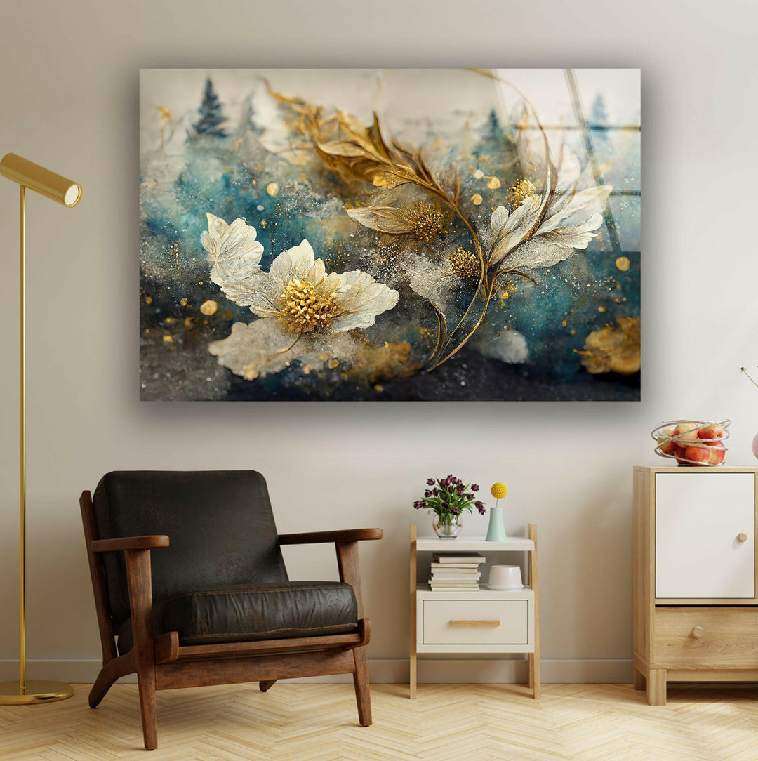 Elegant Golden Sheen Flower Glass Wall Art, custom glass photo prints, large glass prints