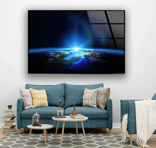 Space wall art featuring planet earth with blue light rays glass wall art and glass photo print