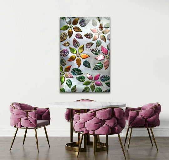 Geometric leaves and petals form an elegant, symmetrical floral design in this silver flower art glass wall artwork, creating an eye-catching geometric display.
