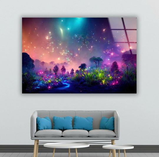 Space Wall Art horizontal glass wall art with plants a glossy finish and a bioluminescence motif featuring space wall art pictures and stylish art for the wall