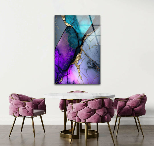 Elegant abstract glass art painting showcasing purple and teal marble textures with delicate gold flakes.