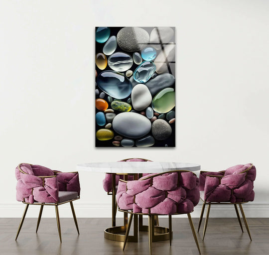 Intricate details of transparent colored stones are showcased in this realistic glass wall artwork.