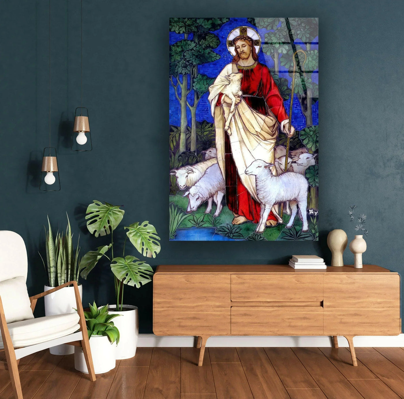 Smooth surface texture showcases the Christian Jesus Cross glass wall art, highlighting the best glass art's sharp lines and vivid colors in the religious artwork.