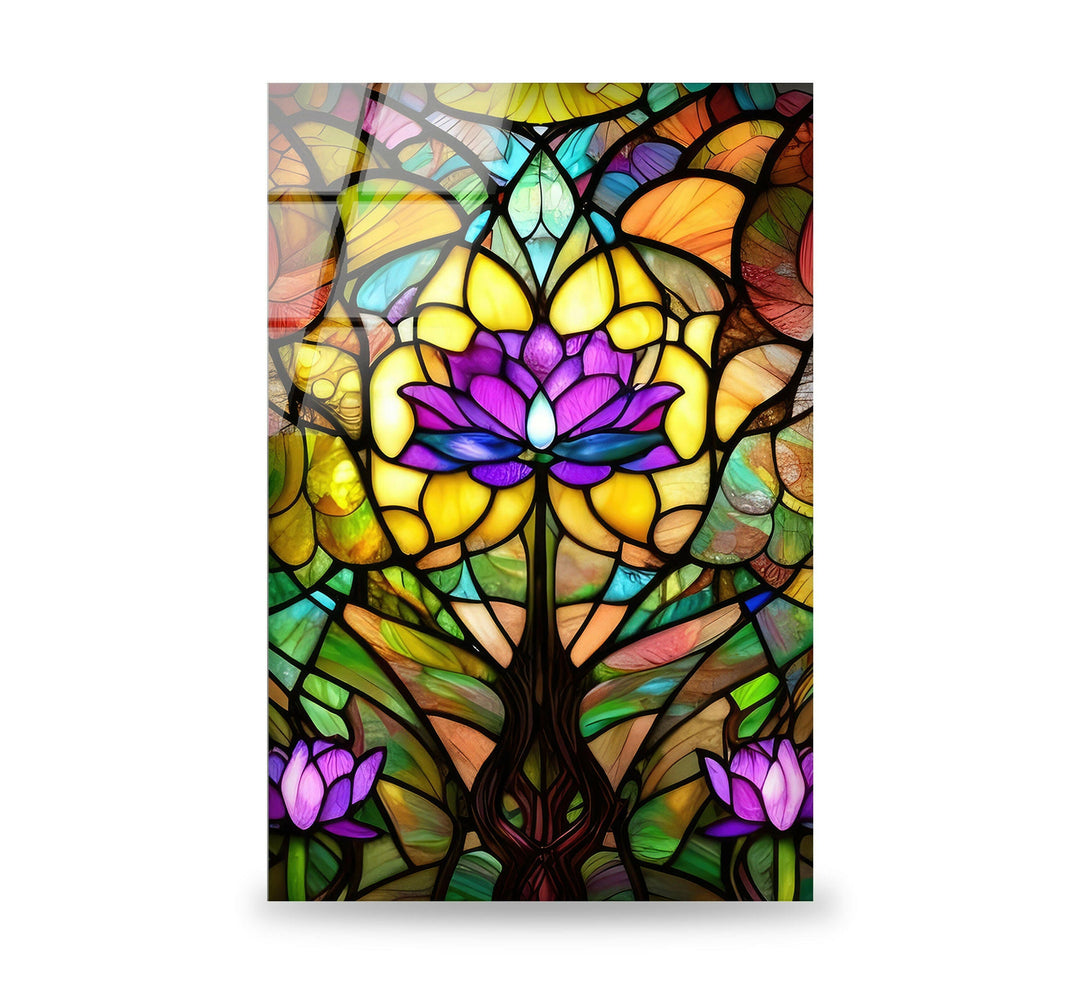 Stained Glowing Purple Lotus Glass Wall Art, stained glass wall art, stained glass wall decor