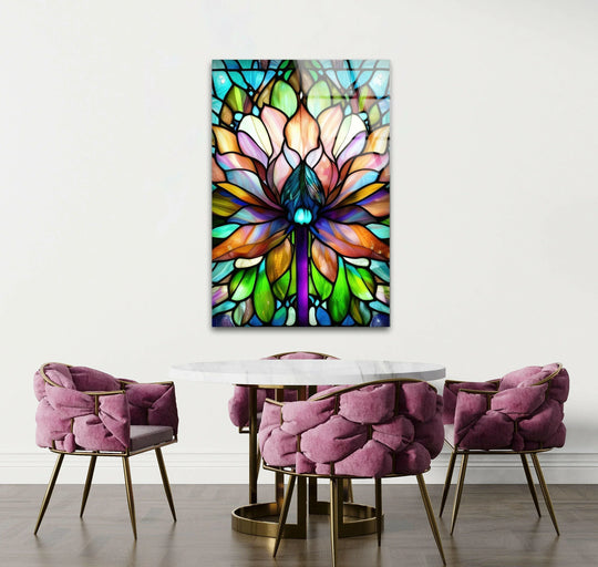 Minimalist white wall art prints showcase a vibrant, abstract stained glass flower with ample negative space.