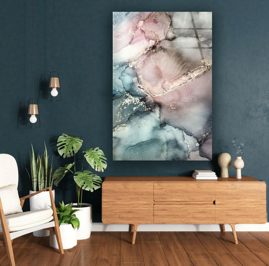 Swirling pink and gray inks create a mesmerizing sense of fluid movement in this abstract glass printing.