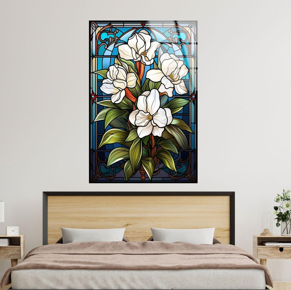 Stained Glass Window With White Flower Glass Wall Art, glass wall decor, glass wall art decor